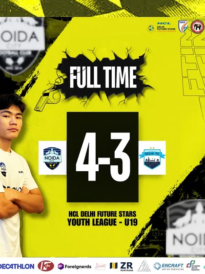 A thrilling 4-3 victory for our U19 team against Delhi FC in the Youth League. This scorecard highlights our team's resilience and ability to win tight games.