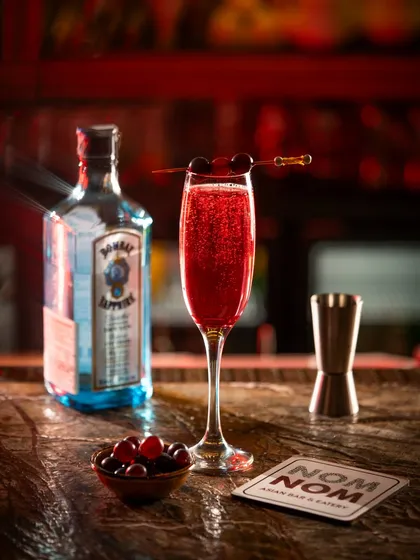 A classic gin cocktail for Nom Nom, using the brand's colors to create a cohesive and striking image. This is great for menu and promotional use.