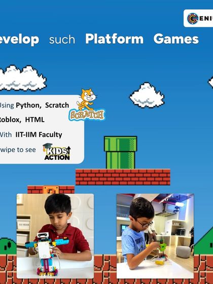 We teach kids to develop their own platform games using Python, Scratch, Roblox, and HTML. With guidance from our IIT-IIM faculty, they can turn their creative ideas into playable games.