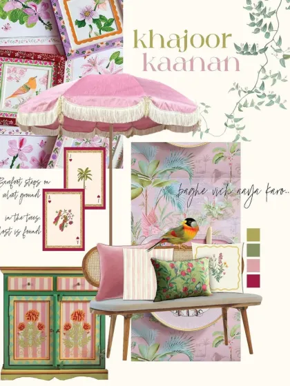 This is a mood board we created for the "Khajoor Kaanan" event. It shows our design process, where we bring together colors, patterns, furniture styles, and motifs to create a cohesive vision before we start building.