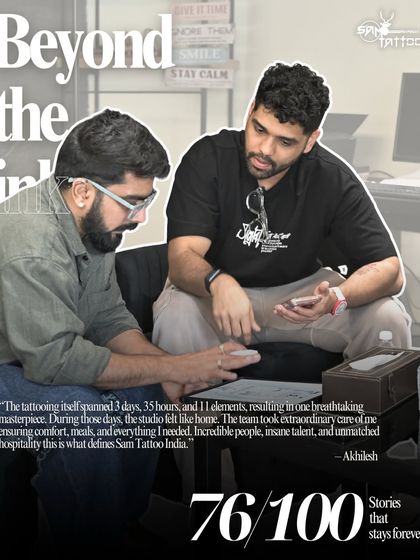 "The tattooing itself spanned 3 days, 35 hours, and 11 elements, resulting in one breathtaking masterpiece." Akhilesh, a client who undertook a massive tattoo journey with us.