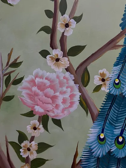 A close-up of the hand-painted pink peony and cherry blossoms.