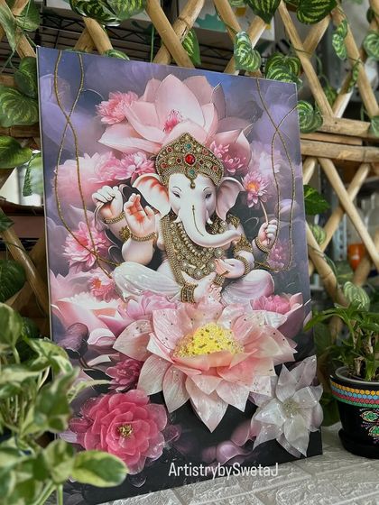 This 23.5x16 inch 3D Lotus Ganesha frame is crafted on an HD canvas print and decorated with hand-embossed jewelry and resin flowers, making it a substantial and heartfelt piece of spiritual art.