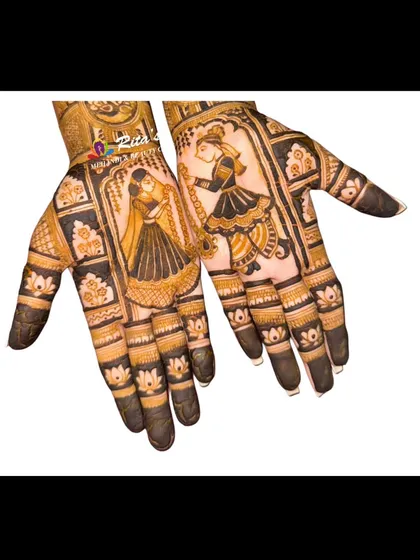 A close-up of the palms featuring figures of a couple in a graceful dance pose. This is a popular choice for brides who want to capture the romance and celebration of their wedding.