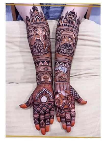 A beautiful example of full-arm story mehandi, with the couple featured under grand palace arches.