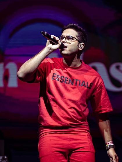 A close up shot from our show in Noida. Dressed in red, I was ready to bring the fire and energy to the stage.