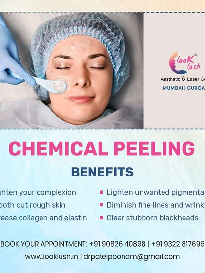 This graphic explains the many benefits of chemical peeling. It can brighten your complexion, smooth rough skin, increase collagen, lighten pigmentation, diminish fine lines, and clear stubborn blackheads.