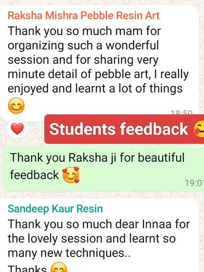 Here is some wonderful feedback from my students Raksha and Sandeep after our Pebble Resin Art workshop. I love sharing every minute detail to help them learn and grow.