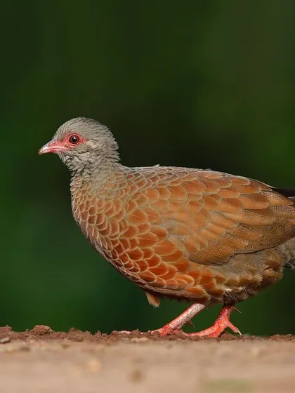 A Red Spurfowl, a shy, ground-dwelling bird, steps cautiously into the open.