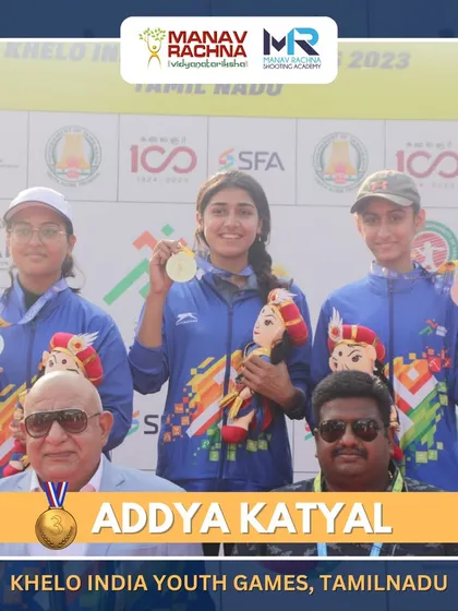 The podium for the Trap Youth Women event at the Khelo India Youth Games, with our shooter Addya Katyal proudly wearing her Bronze medal.