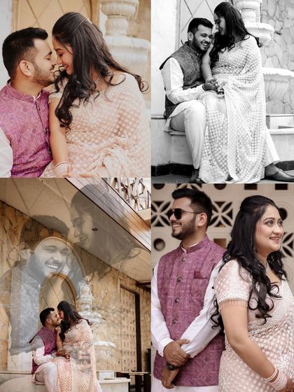 This collage captures the variety of shots from a single Roka ceremony. It includes close-up romantic moments, candid laughter, posed portraits, and a creative double-exposure shot.