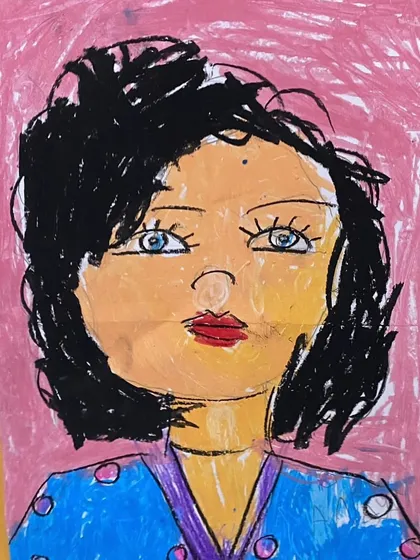 This expressive portrait by a young learner shows an amazing understanding of facial features and placement, skills we teach from the very beginning.