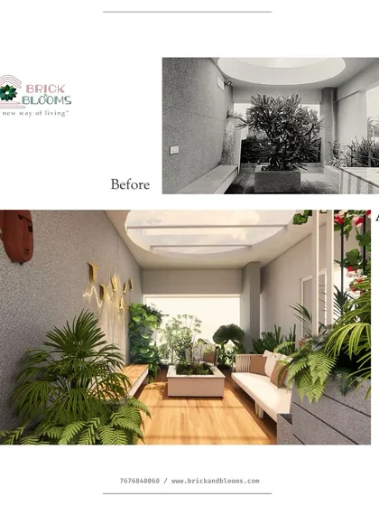 This balcony had a single tree but lacked cohesion. Our design transforms it into a lush, built-in garden with comfortable seating and layered greenery, creating a serene indoor-outdoor feel.