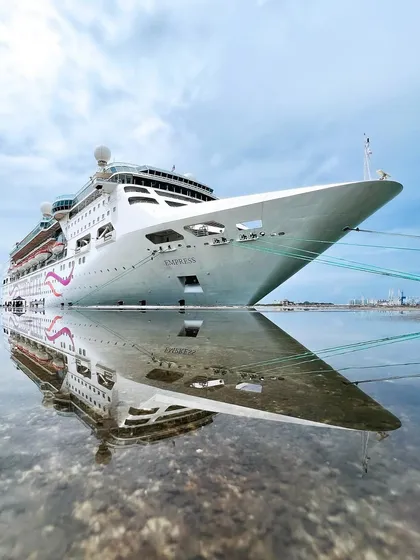 The Cordelia cruise ship perfectly reflected in the calm waters of the port. This kind of clean, striking visual is what I create for travel and tourism brand collaborations, highlighting the luxury and appeal of the experience.
