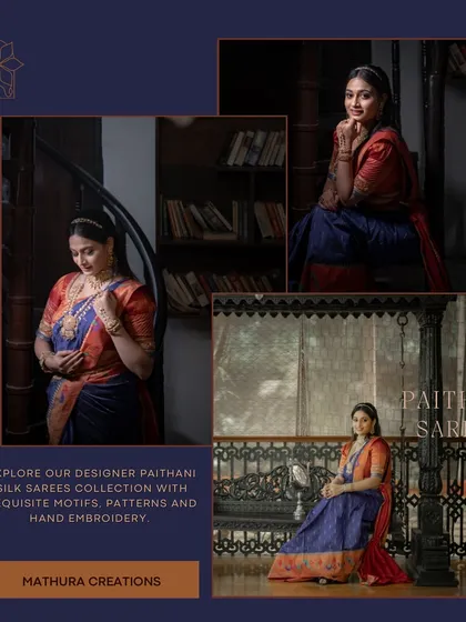 This collage showcases our designer Paithani silk sarees collection, with its exquisite motifs and hand embroidery.