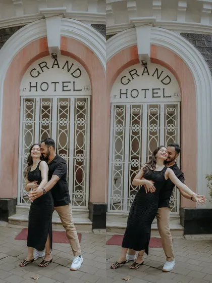 A playful, cinematic pose in front of the iconic Grand Hotel in Mumbai. This diptych captures a moment of pure joy and old-school romance.