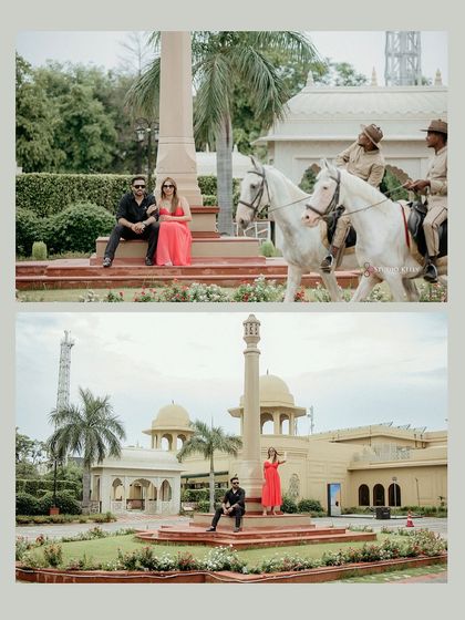 A collage showing a grand scene at a heritage resort. The couple poses in a royal setting, complete with a horse-drawn carriage passing by, adding to the majestic feel of the shoot.