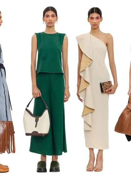 A lineup of models showcasing the variety in my handbag collection. This image highlights how different bags, like the fringed tote or the slouchy clutch, can complete a diverse range of outfits.