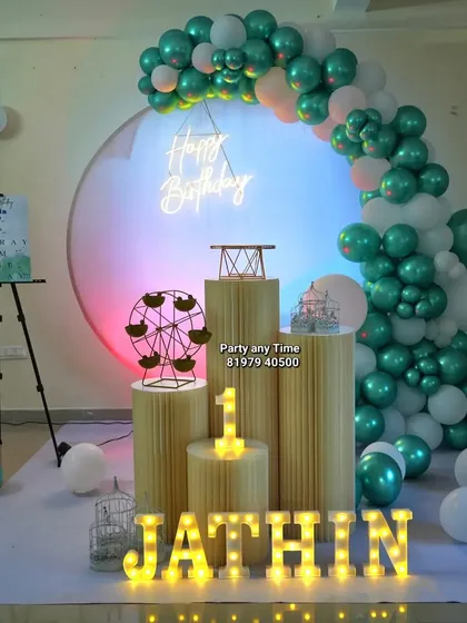 The setup with colorful lighting. I can add lights to the backdrop to change the mood and ambiance of the party.