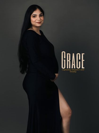 Titled 'Grace', this is an elegant solo portrait of the mother-to-be. Her side profile in the sleek black dress highlights her beautiful silhouette.