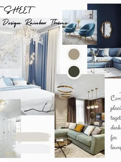 This concept sheet explores a blue-centric color palette. It includes ideas for furniture, decor, and wall treatments to create a cohesive and calming space with contrasting elements.