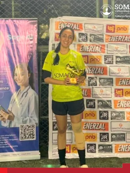 Our K. J. Somaiya Medical College & Research Centre women's 5v5 football team celebrates their VANQUISH 2026 title, with Zahra recognized as the Best Goalkeeper.