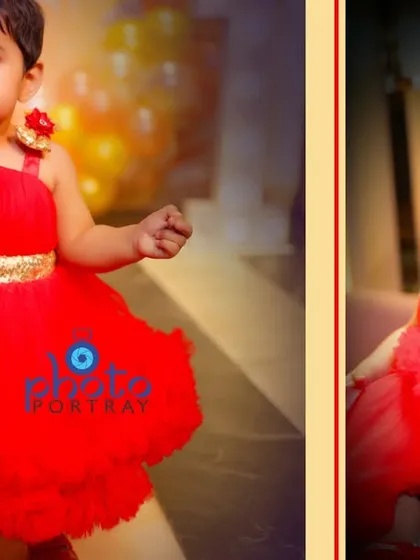 Two portraits of the birthday girl in her red party dress, showcasing her outfit from different angles.