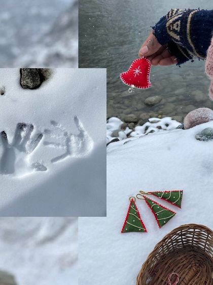 A collage of winter moments in Himachal, with handprints in the snow and festive felt ornaments.