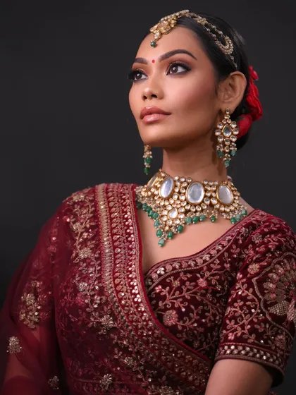 A regal bridal portrait in a deep maroon velvet lehenga. The makeup is kept classic and glowing to complement the rich fabric.