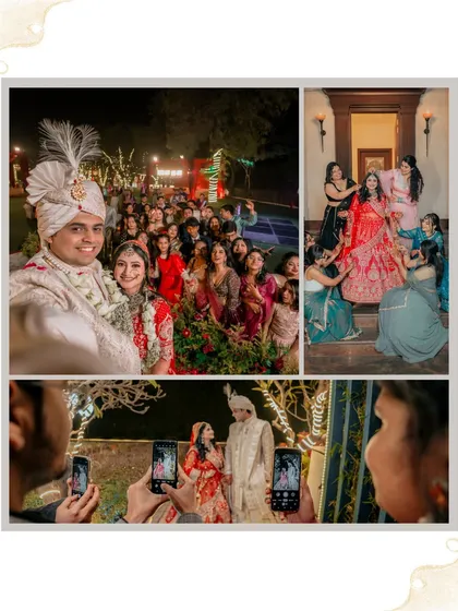 A collage of fun and candid moments from the wedding, including a group selfie with guests and the bride with her bridesmaids.
