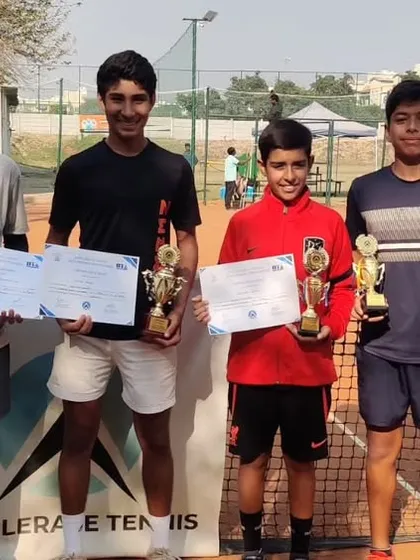 A group photo of all the winners and finalists from the AITA Boys U16 Championship Series, showcasing the talent from my academy.