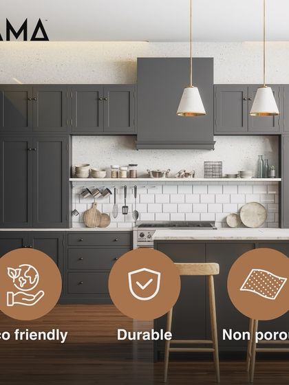 This image summarizes the core tenets of my material choice: eco-friendly, durable, and non-porous. My MCB (Metallic Core Board) is a high-density material that ensures your kitchen or vanity is built to last.