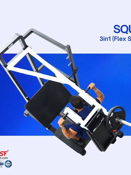 An overhead view of the squat function on our 3-in-1 leg machine, highlighting its sturdy construction and large footplate for various stances.