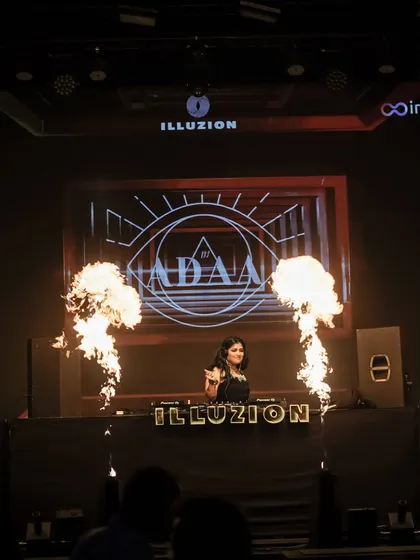 Another angle of my performance at Illuzion, with fire cannons blasting on either side of the DJ booth.