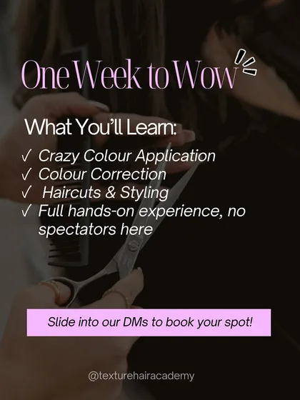 My "One Week to Wow" intensive is designed to transform your career. You will learn everything from crazy colour application and complex colour correction to modern haircuts and styling in a fully hands-on environment.