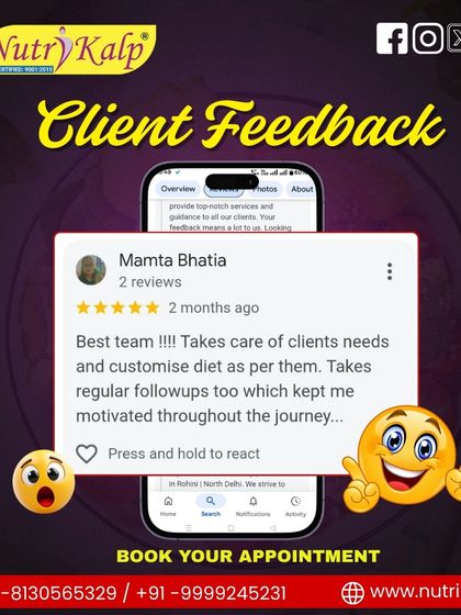 This review from Mamta Bhatia highlights our core strengths: customized diets, regular follow-ups, and a team that keeps clients motivated throughout their journey.