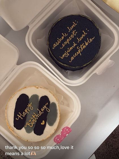A duo of bento cakes with a cheeky, humorous message for a boyfriend. We can create custom designs with inside jokes and personal messages to make your gift truly unique.