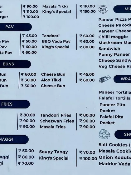 The food menu at King's Coffee Co. highlights their popular and well-priced offerings like Vada Pav, burgers, and Maggi. We help structure these successful elements into a replicable franchise model.