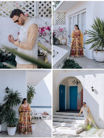 A collage capturing the beautiful, relaxed moments of a Haldi day at a picturesque villa. I ensure the setting is as beautiful as the ceremony itself.