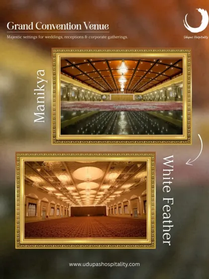 We offer majestic settings for life's biggest moments. This showcases two of our premier convention venues, Manikya and White Feather, both providing grand, pillarless spaces perfect for large-scale weddings, receptions, and corporate gatherings.