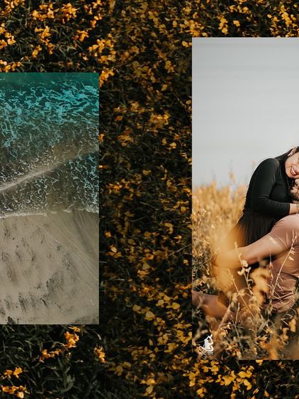A playful and romantic collage, showing the groom lifting his bride-to-be amidst a field of flowers, paired with an aerial beach view.