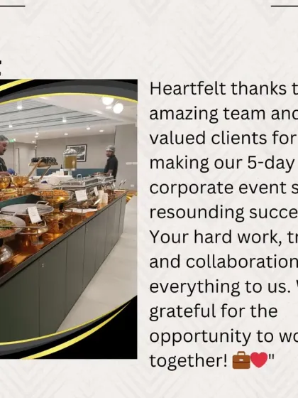 We excel at multi-day corporate events, providing consistent, high-quality catering from start to finish. This image captures the sleek, professional buffet setup we provided for a successful 5-day corporate series.