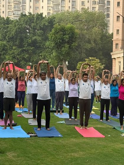 Leading a large outdoor class for International Yoga Day. It's an honor to guide so many people on a path of good health, peace, and inner connection, showing up to serve the community.