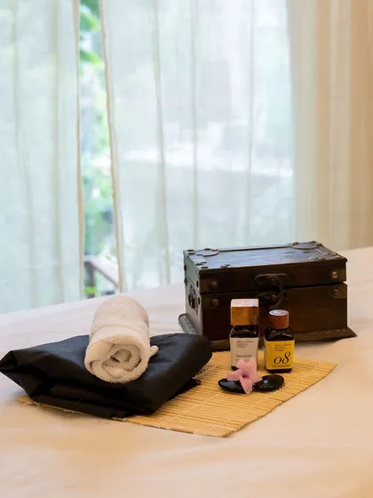 A closer look at the thoughtful setup on our spa bed. We use only our finest natural products and essential oils to enhance your massage and wellness treatments.