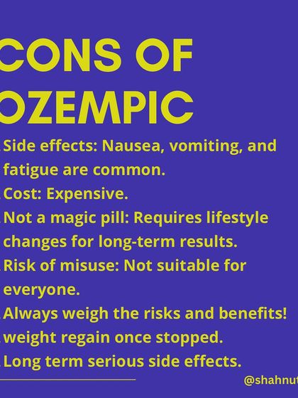 The cons of Ozempic include potential side effects like nausea, high cost, and the risk of weight regain once stopped. It is not a magic pill and requires significant lifestyle changes for long-term success.