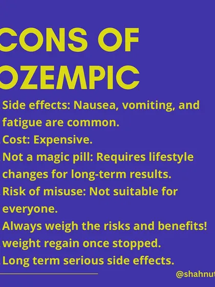 The cons of Ozempic include potential side effects like nausea, high cost, and the risk of weight regain once stopped. It is not a magic pill and requires significant lifestyle changes for long-term success.