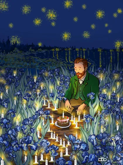 A solitary birthday celebration for the artist. Vincent sits in a field of his beloved irises, a single cake illuminated by a path of candles, under a sky of swirling stars. It's a tribute to the creator of so much beauty.