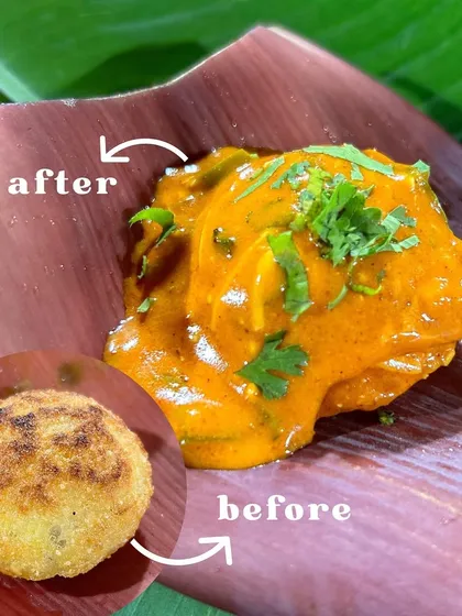 This before and after shot shows the transformation of a simple paniyaram into my Peri Peri Paniyaram. The crispy fried dumpling is coated in a rich, spicy peri peri sauce for a modern fusion twist.