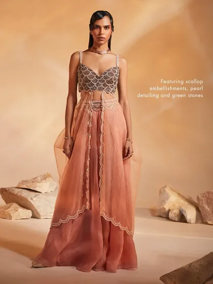 A full-length view of the Arlo Co-ord Set, showcasing the scallop embellishments, pearl detailing, and modern layered design.
