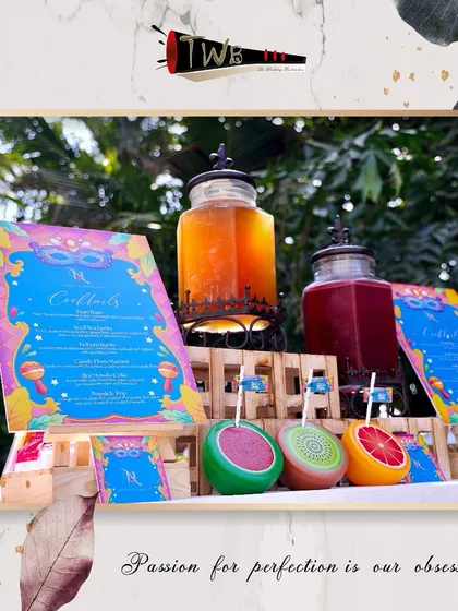 A close-up of the vibrant mocktail menu and fruit-shaped glasses, highlighting the fun and thematic details we incorporate.